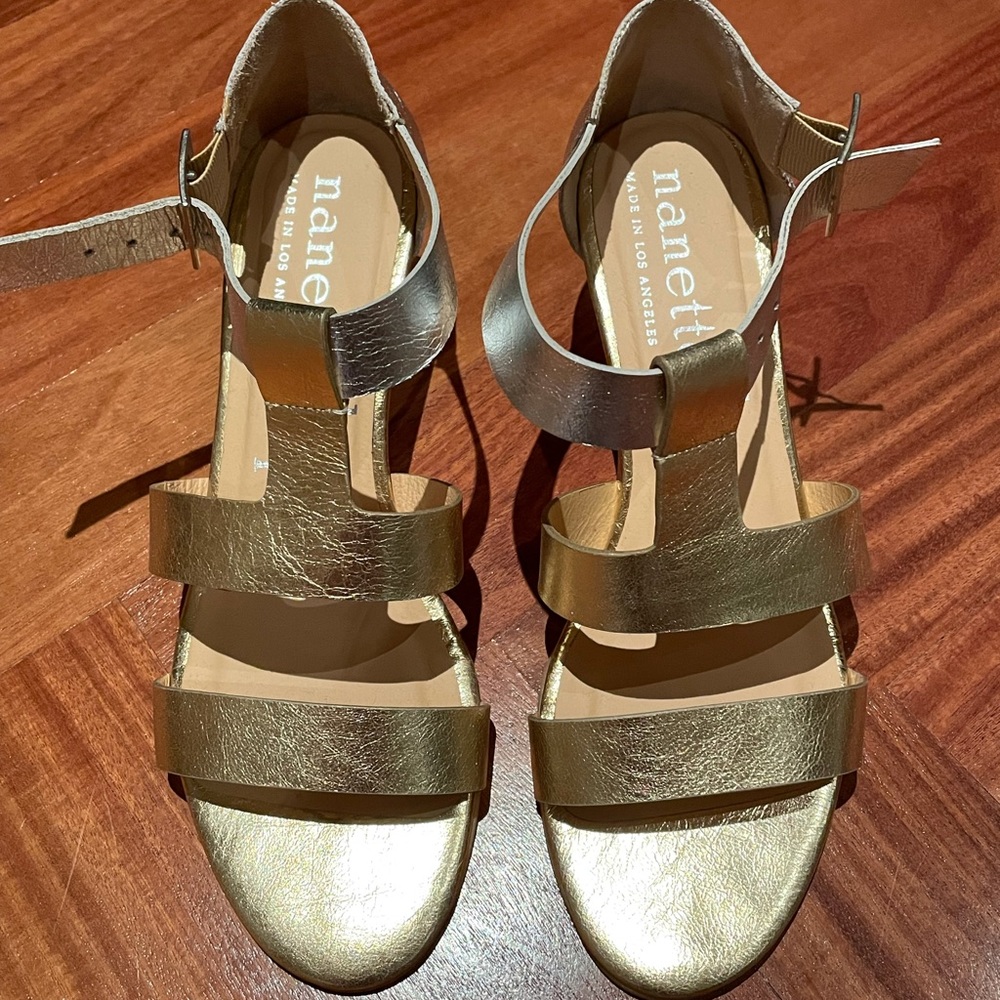 Nanette Lepore wedge heeled sandals. Gold and silver.